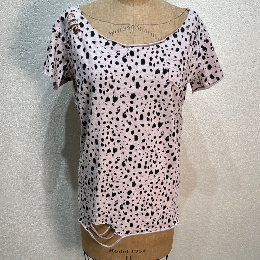 A Rare Bird Women S/M‎ Ripped Tee Cream Black Dot Distressed Round Neck Top NWT